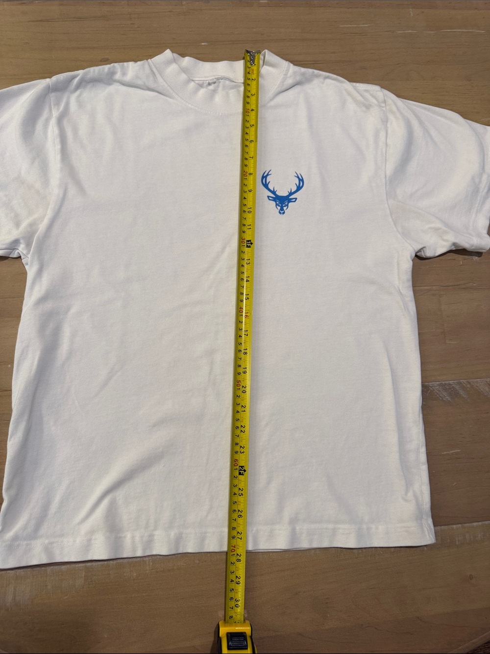 White Short Sleeve Tee with Blue Deer Logo - Unbranded